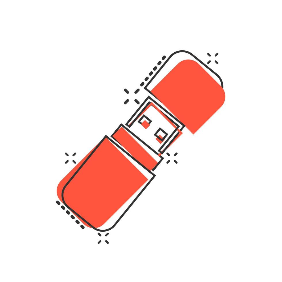 USB-Laufwerkssymbol im Comic-Stil. Flash-Disk-Vektor-Cartoon-Illustration auf weißem, isoliertem Hintergrund. Geschäftskonzept für den Splash-Effekt des digitalen Speichers. vektor