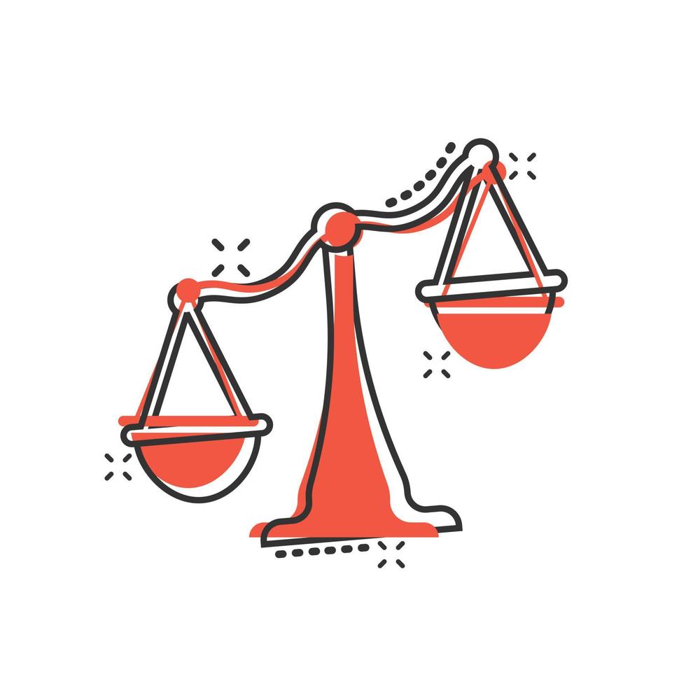 Skalenbalance-Symbol im Comic-Stil. Gerechtigkeitskarikatur-Vektorillustration auf weißem lokalisiertem Hintergrund. Urteil splash Wirkung Geschäftskonzept. vektor