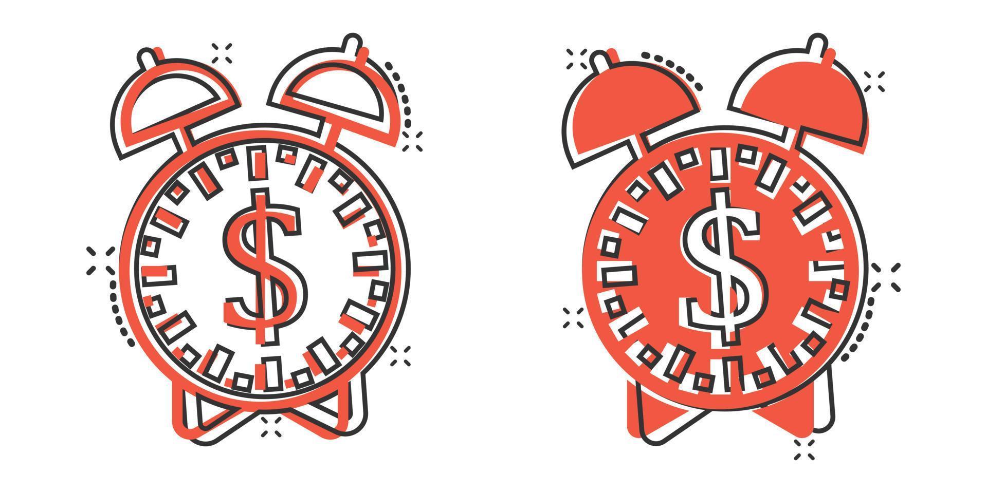 tid är pengar ikon i komisk stil. klocka med dollar tecknad serie vektor illustration på vit isolerat bakgrund. valuta stänk effekt företag begrepp.