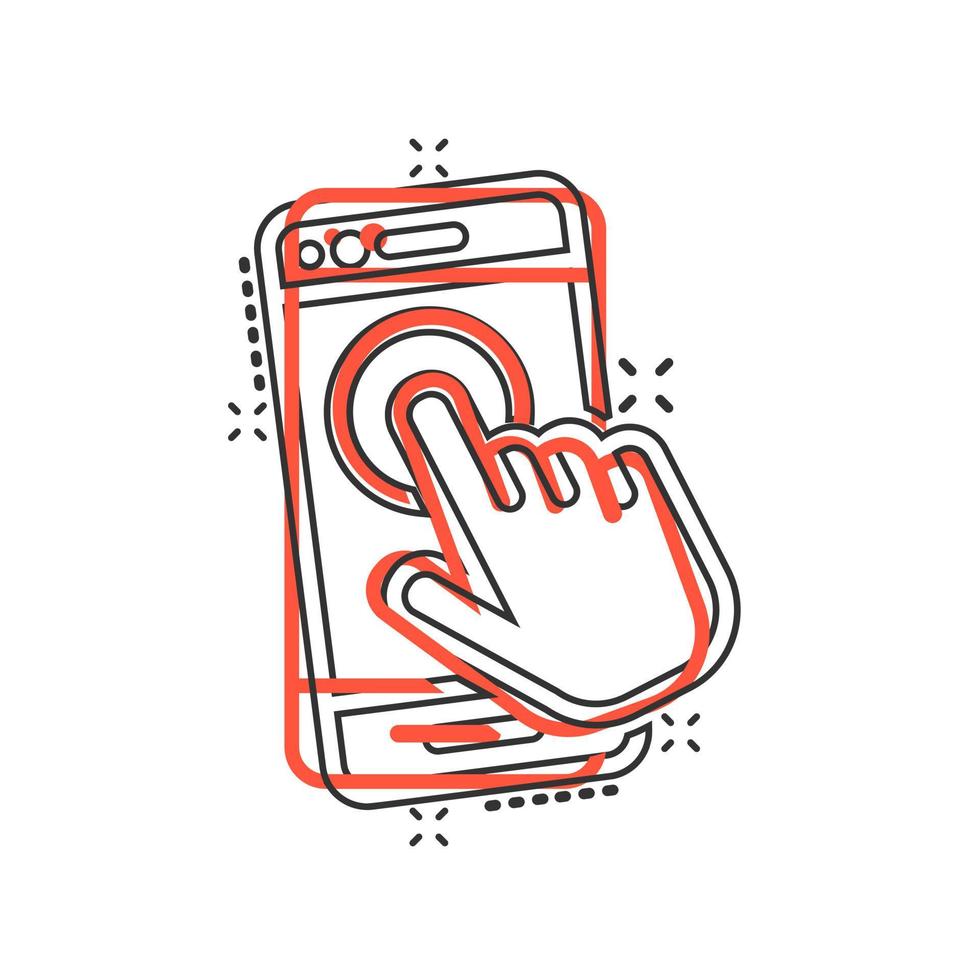 hand Rör smartphone ikon i komisk stil. telefon finger vektor tecknad serie illustration på vit isolerat bakgrund. markören pekskärm företag begrepp stänk effekt.