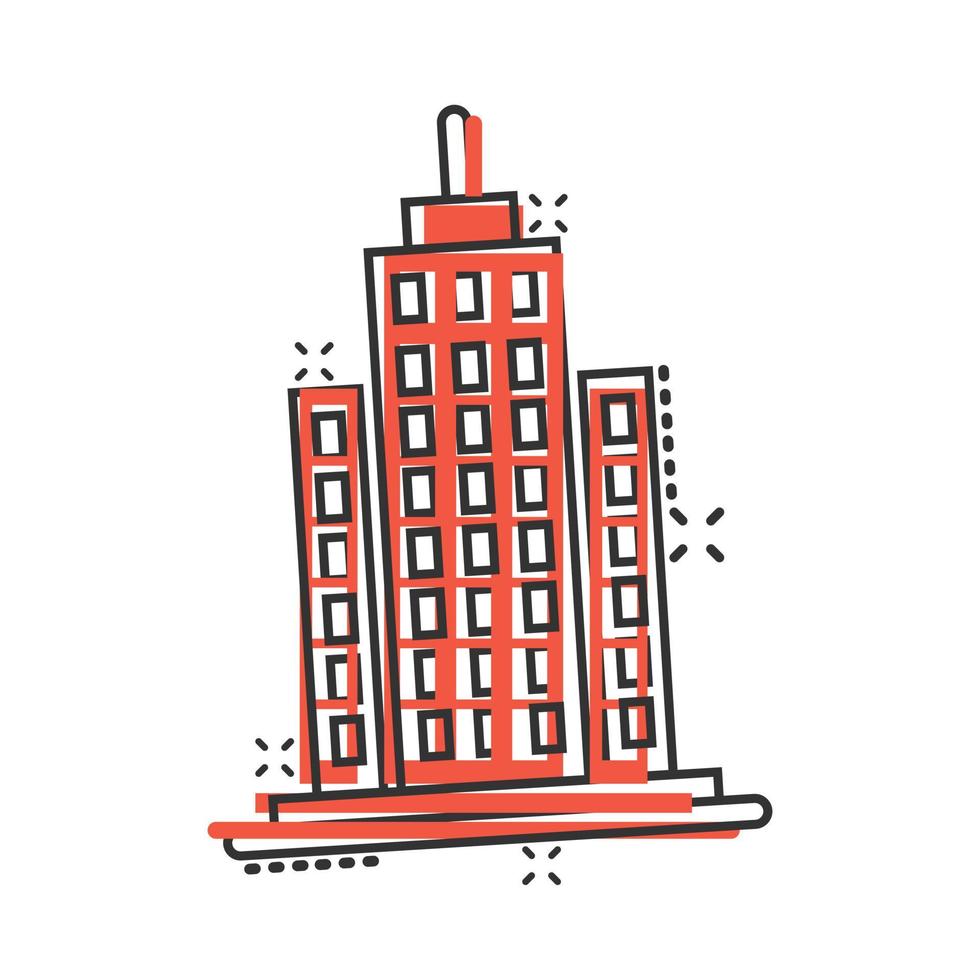 Gebäude-Ikone im Comic-Stil. stadtwolkenkratzerwohnungskarikaturvektorillustration auf weißem lokalisiertem hintergrund. City Tower Splash-Effekt-Geschäftskonzept. vektor