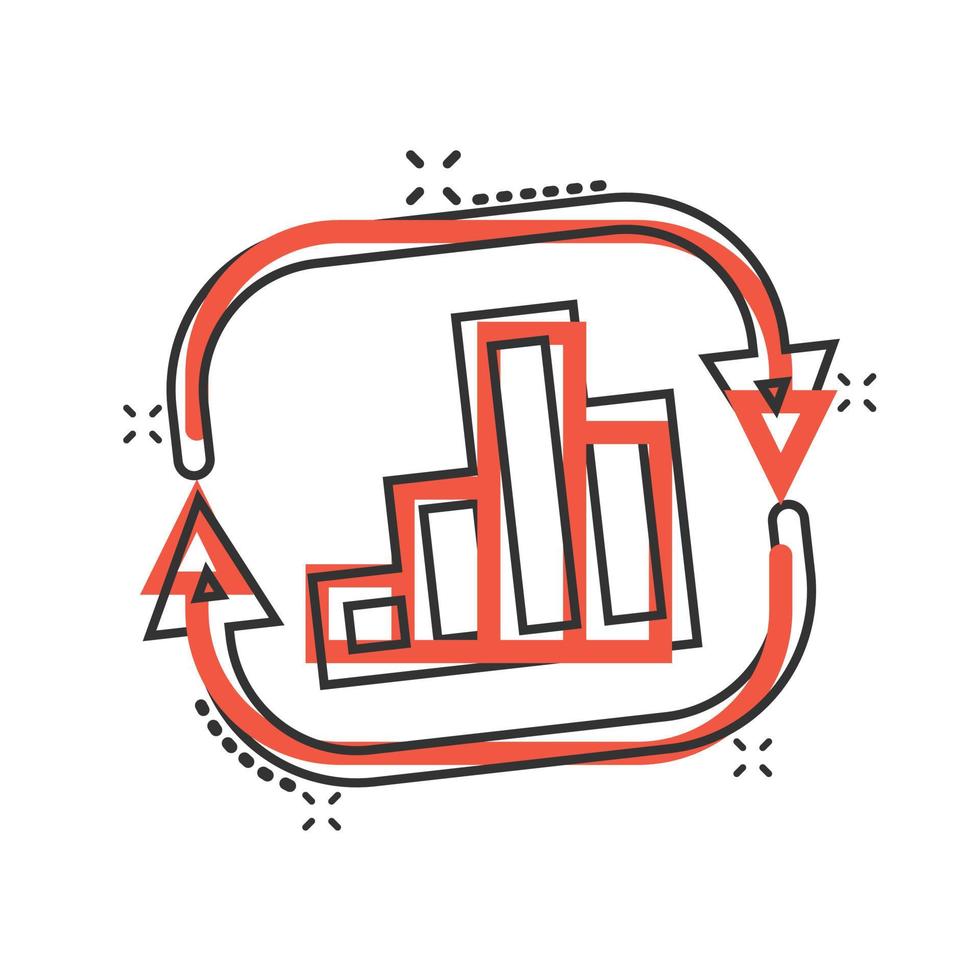 wachsendes Balkendiagramm-Symbol im Comic-Stil. Erhöhen Sie die Pfeilkarikatur-Vektorillustration auf weißem, isoliertem Hintergrund. Infografik-Fortschritt-Splash-Effekt-Geschäftskonzept. vektor