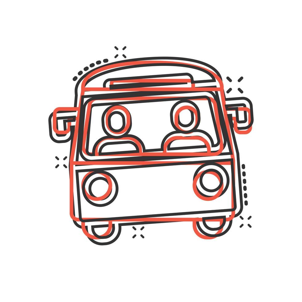 Bus-Symbol im Comic-Stil. Trainerkarikatur-Vektorillustration auf weißem lokalisiertem Hintergrund. Geschäftskonzept für Autobus-Fahrzeug-Splash-Effekt. vektor