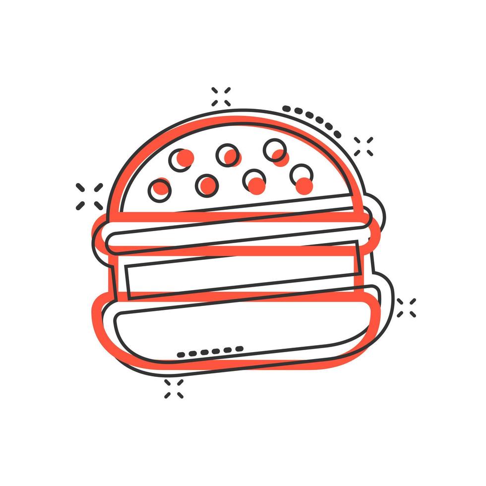 Burger-Schild-Symbol im Comic-Stil. Hamburger-Vektor-Cartoon-Illustration auf weißem, isoliertem Hintergrund. Cheeseburger-Geschäftskonzept-Splash-Effekt. vektor