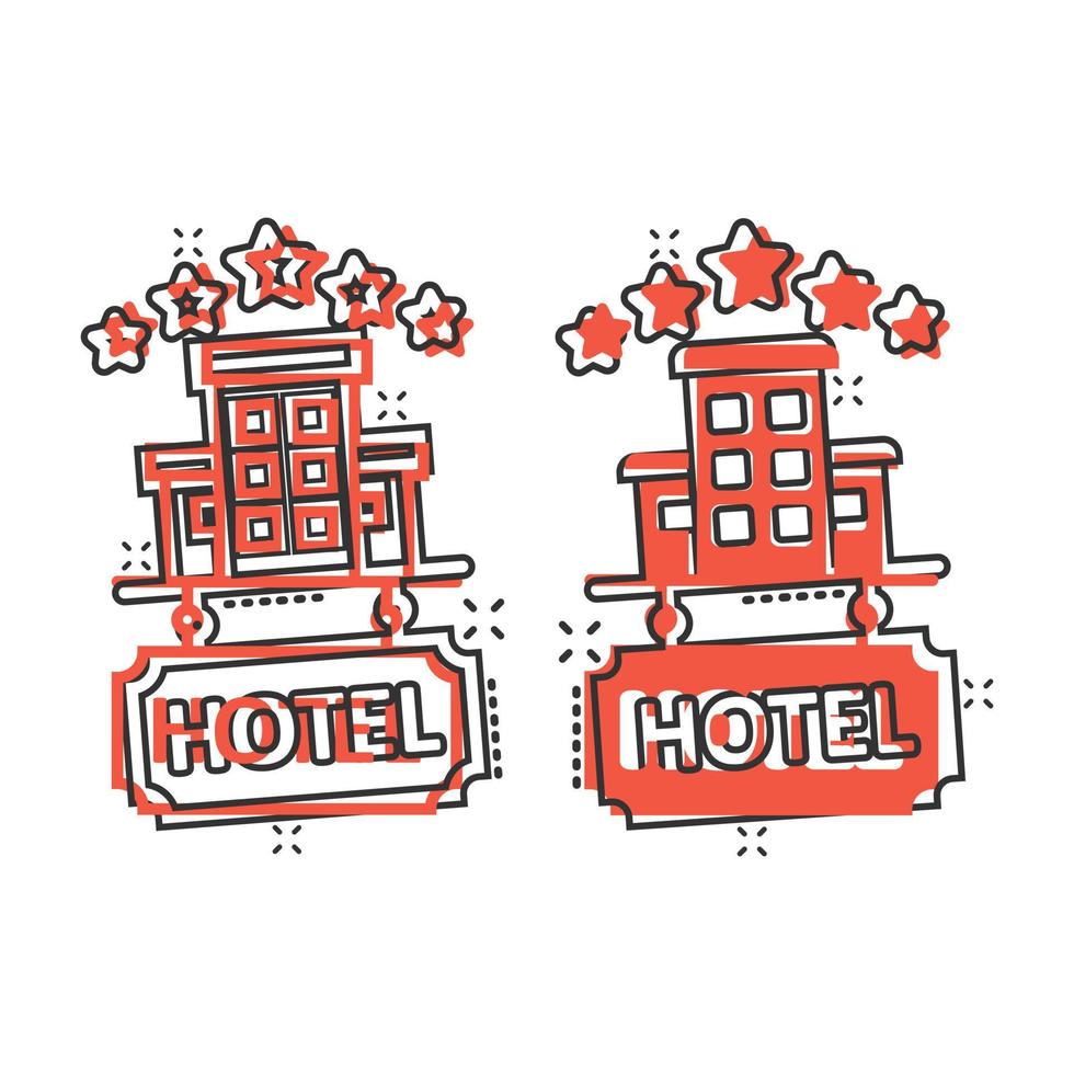 hotell 5 stjärnor tecken ikon i komisk stil. värdshus byggnad tecknad serie vektor illustration på vit isolerat bakgrund. vandrarhem rum stänk effekt företag begrepp.