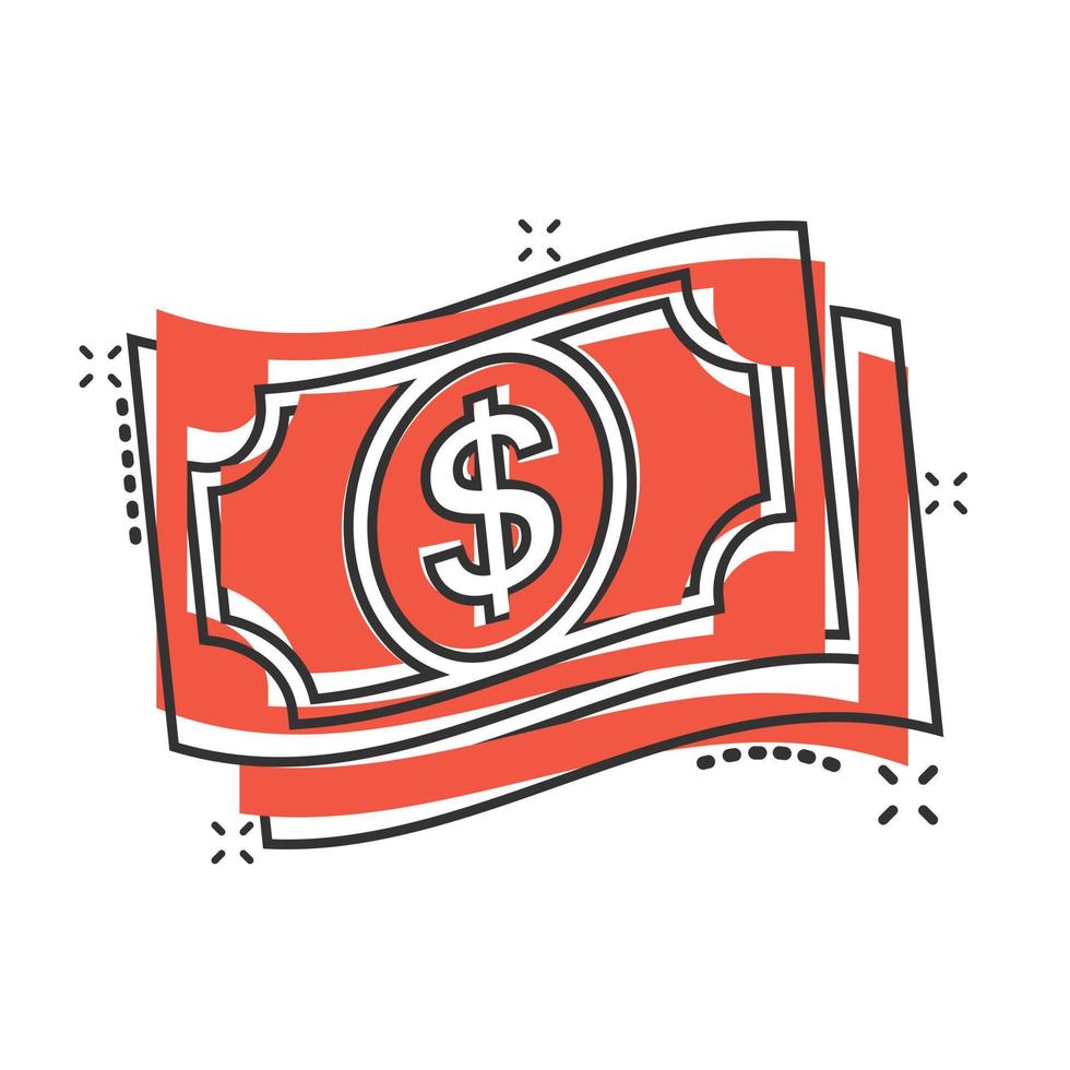 Geld-Dollar-Symbol im Comic-Stil. Tauschen Sie Bargeldkarikatur-Vektorillustration auf weißem lokalisiertem Hintergrund aus. banknote bill splash effekt geschäftskonzept. vektor