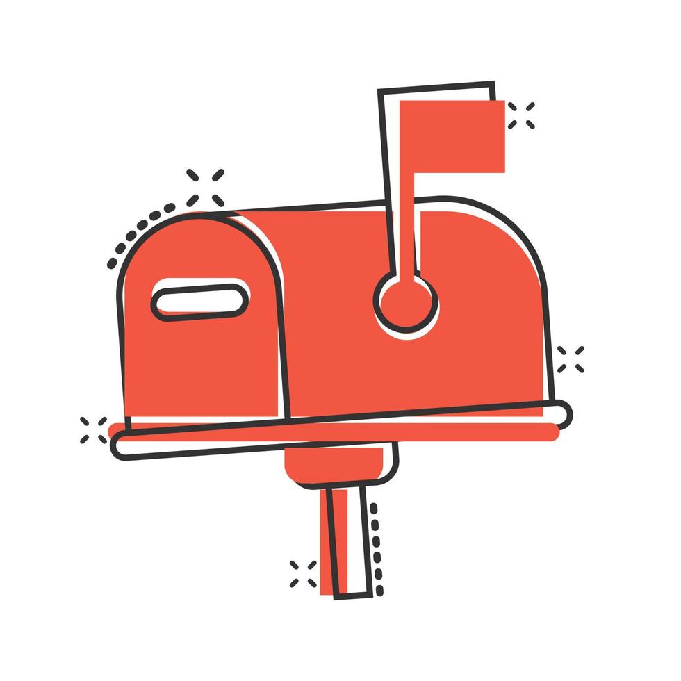 Mailbox-Symbol im Comic-Stil. Briefkastenkarikatur-Vektorillustration auf weißem lokalisiertem Hintergrund. E-Mail-Umschlag-Splash-Effekt-Geschäftskonzept. vektor