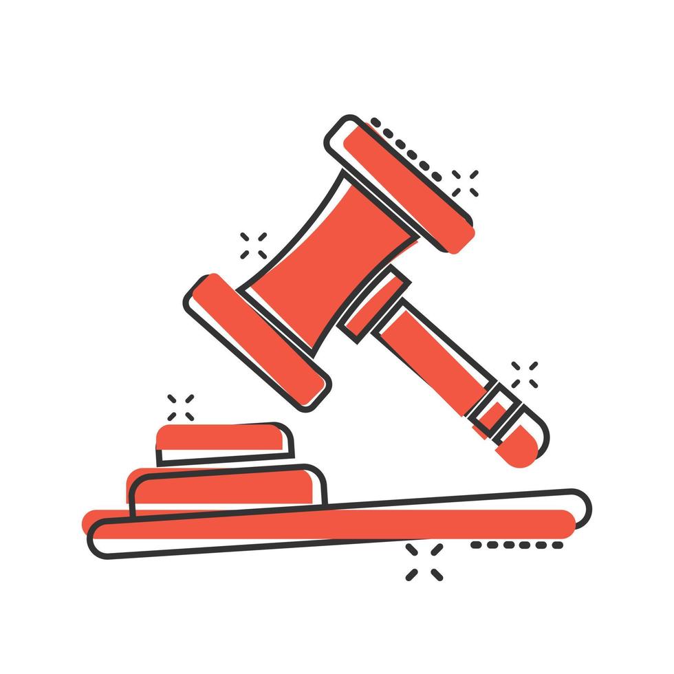 auktion hammare ikon i komisk stil. domstol tecknad serie tecken vektor illustration på vit isolerat bakgrund. domstol stänk effekt företag begrepp.