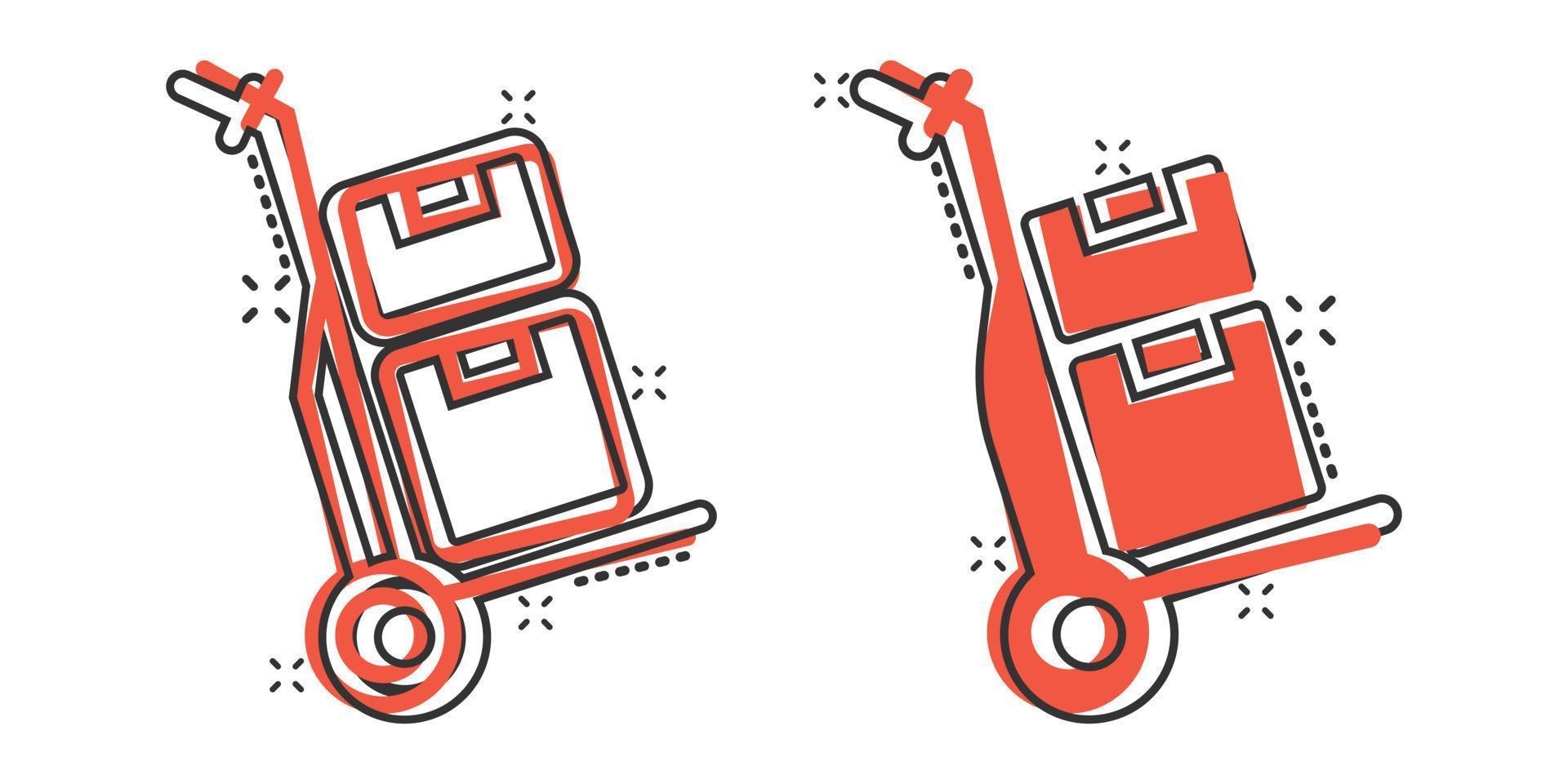 Cargo-Trolley-Symbol im Comic-Stil. Lieferung Box Cartoon-Vektor-Illustration auf weißem Hintergrund isoliert. Geschäftskonzept für den Versand von Kartons mit Splash-Effekt. vektor