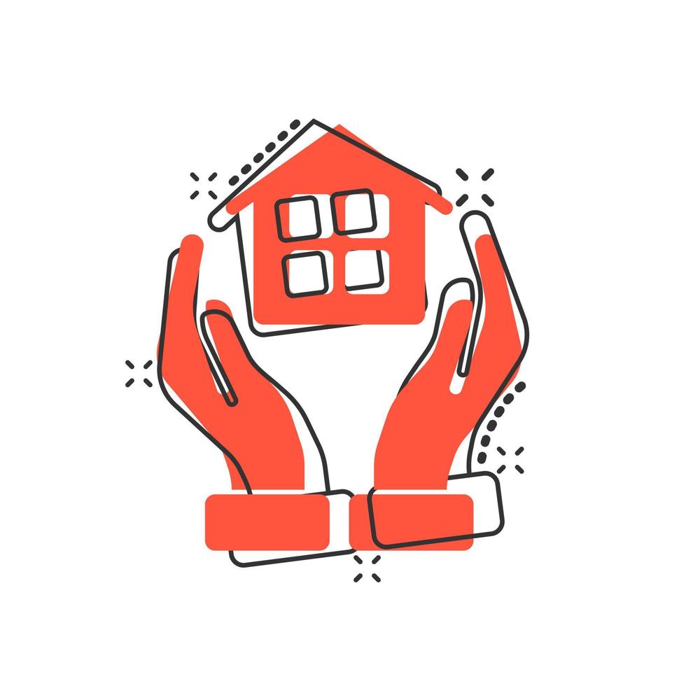 Hem vård ikon i komisk stil. hand håll hus vektor tecknad serie illustration på vit isolerat bakgrund. byggnad kvalitet företag begrepp stänk effekt.