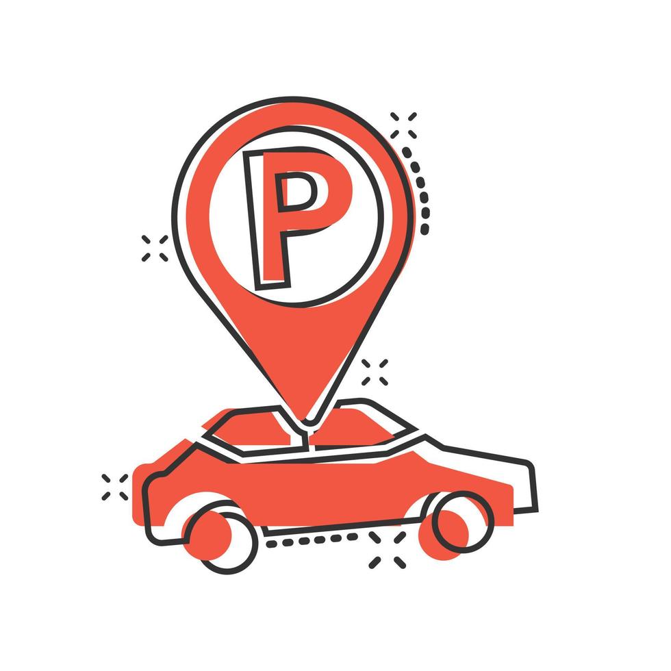 Parkplatz-Symbol im Comic-Stil. Auto stehen Cartoon-Vektor-Illustration auf weißem Hintergrund isoliert. roadsign Splash-Effekt-Geschäftskonzept. vektor