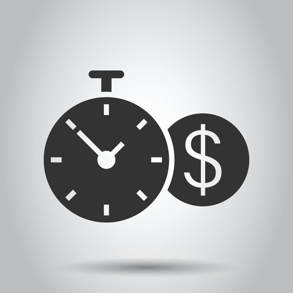 Zeit ist Geld-Symbol im flachen Stil. Uhr mit Dollar-Vektor-Illustration auf weißem Hintergrund isoliert. Währungsgeschäftskonzept. vektor