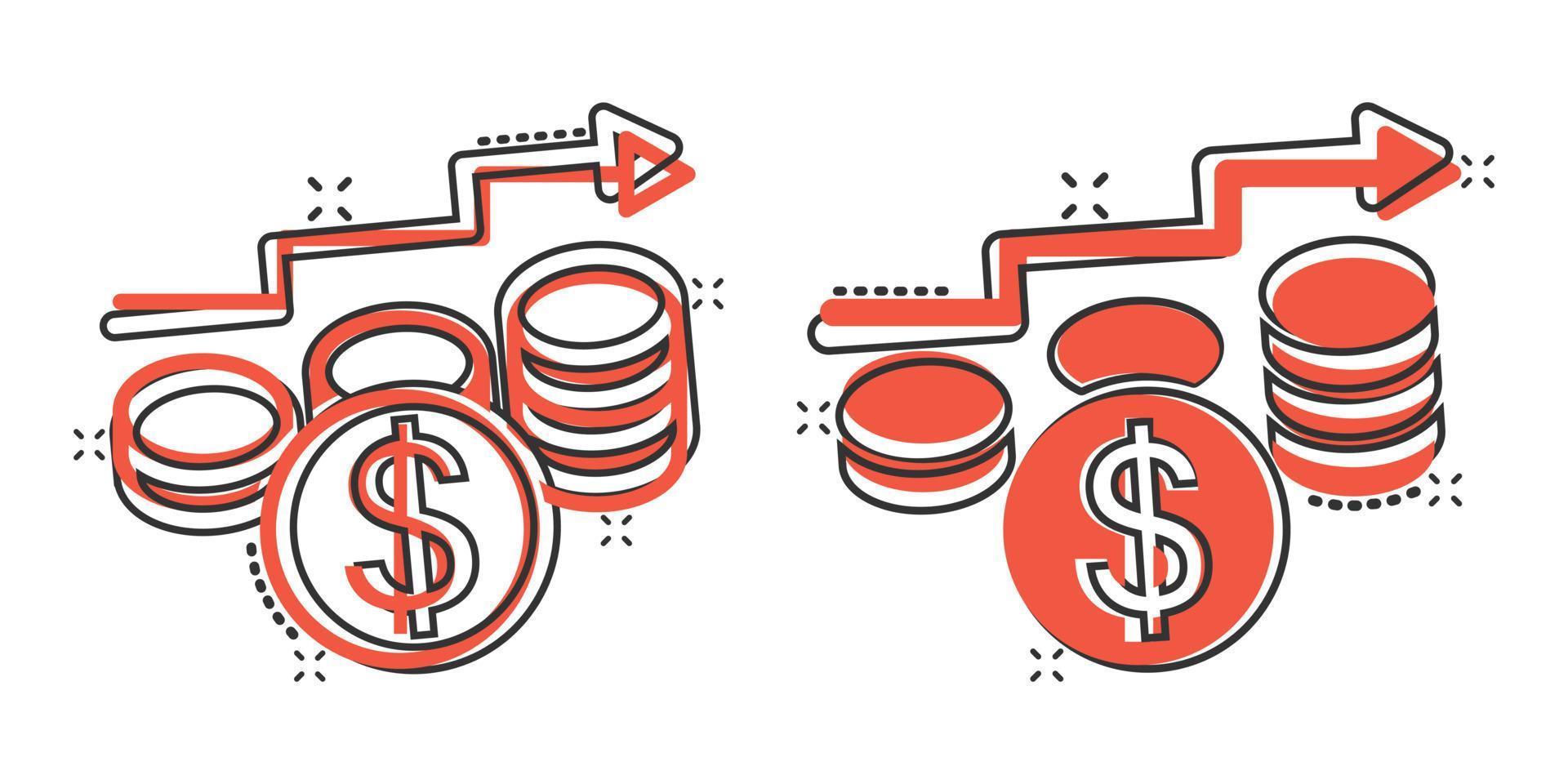 Symbol für die Erhöhung der Einkommensrate im Comic-Stil. Finanzleistungskarikatur-Vektorillustration auf weißem lokalisiertem Hintergrund. Münze mit Wachstumspfeil-Splash-Effekt-Geschäftskonzept. vektor