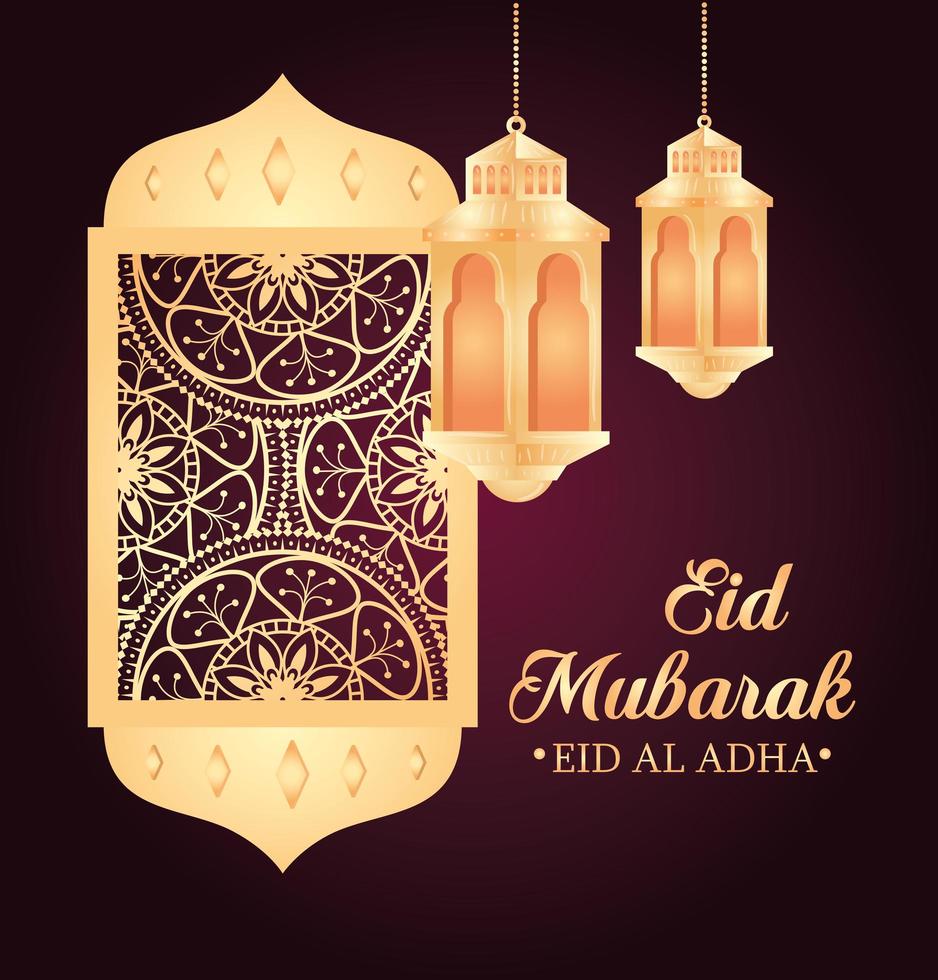 eid al adha mubarak firande med lykta hängande och arab fönster vektor
