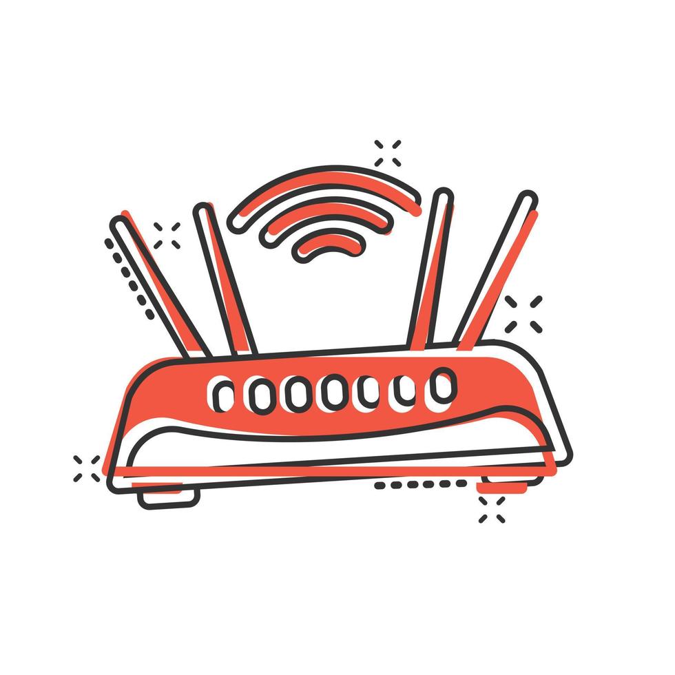 WLAN-Router-Symbol im Comic-Stil. Breitband-Cartoon-Vektorillustration auf weißem, isoliertem Hintergrund. Geschäftskonzept mit Splash-Effekt für die Internetverbindung. vektor