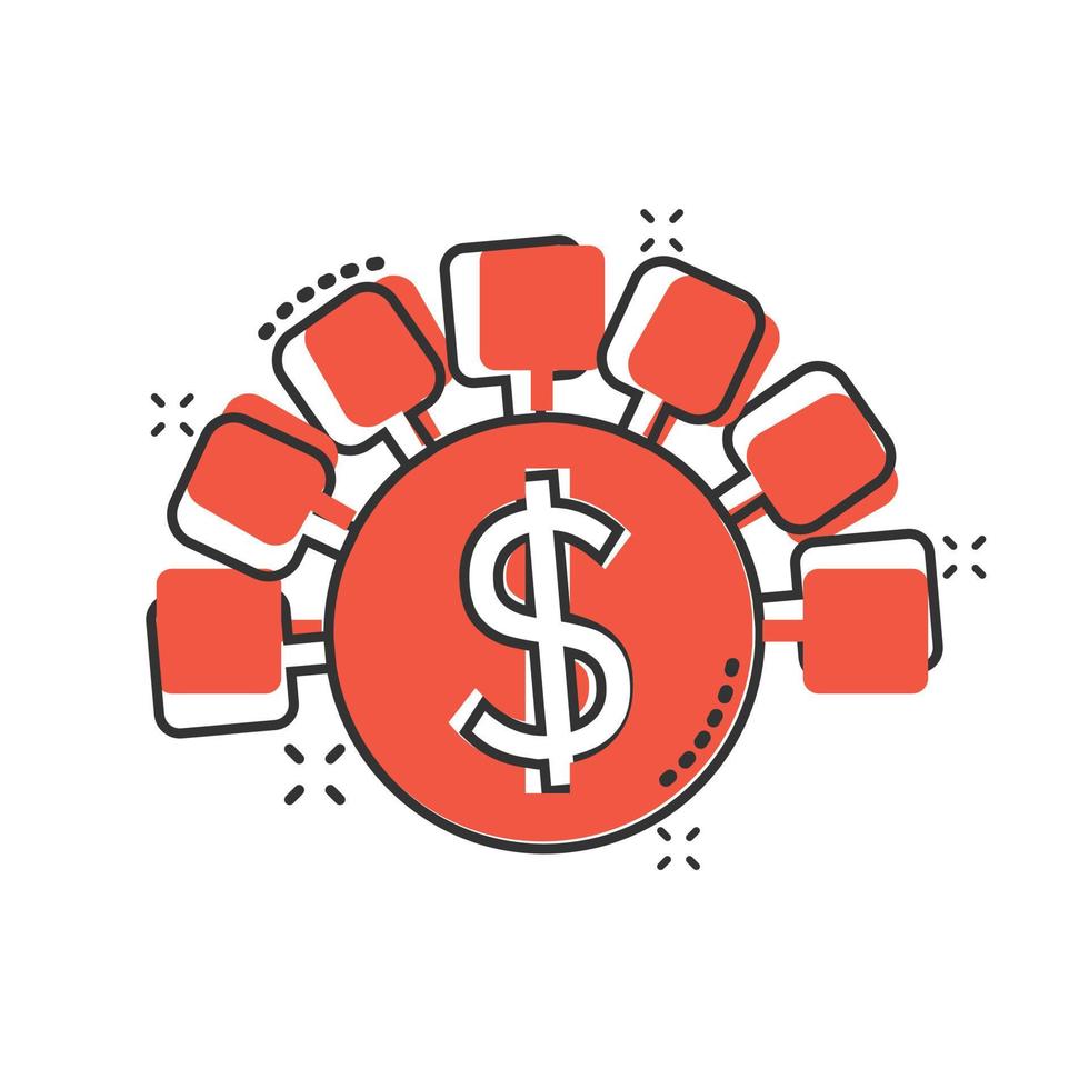 Geldeinnahmen-Symbol im Comic-Stil. Dollarmünze Cartoon-Vektor-Illustration auf weißem Hintergrund isoliert. Geschäftskonzept mit Splash-Effekt für Finanzstrukturen. vektor
