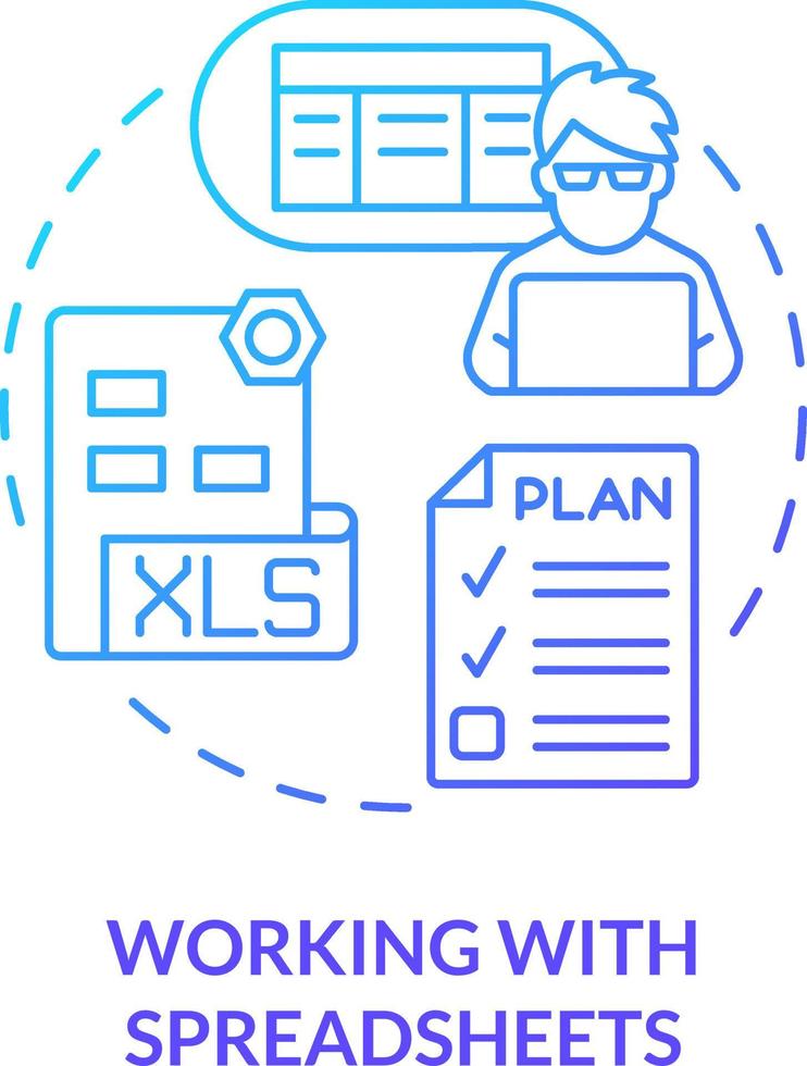 Arbeiten mit Tabellenkalkulationen Blau Gradient Konzept Symbol. Daten Anordnung. Programmierung Kompetenzen abstrakt Idee dünn Linie Illustration. isoliert Gliederung Zeichnung vektor