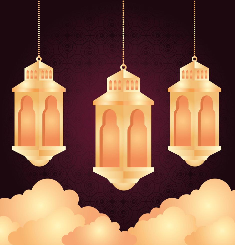 eid al adha mubarak firande med lyktor hängande vektor