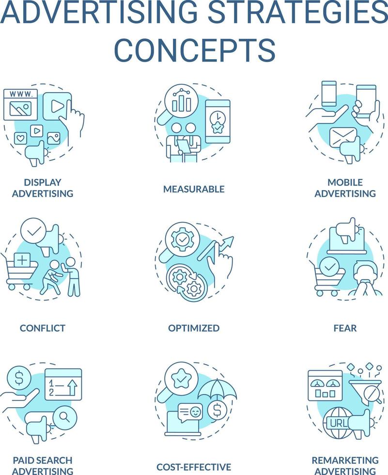 reklam strategier turkos begrepp ikoner uppsättning. marknadsföring kampanj aning tunn linje Färg illustrationer. mobil, visa. isolerat symboler. redigerbar stroke vektor