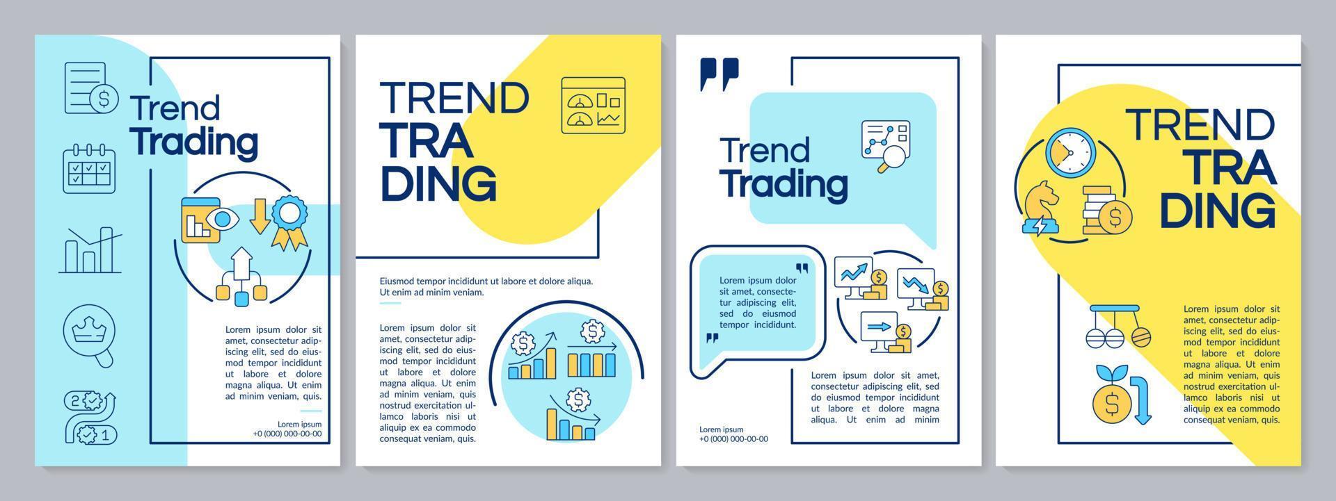 Trend Handel Blau und Gelb Broschüre Vorlage. Markt Analysieren. Flugblatt Design mit linear Symbole. editierbar 4 Vektor Layouts zum Präsentation, jährlich Berichte