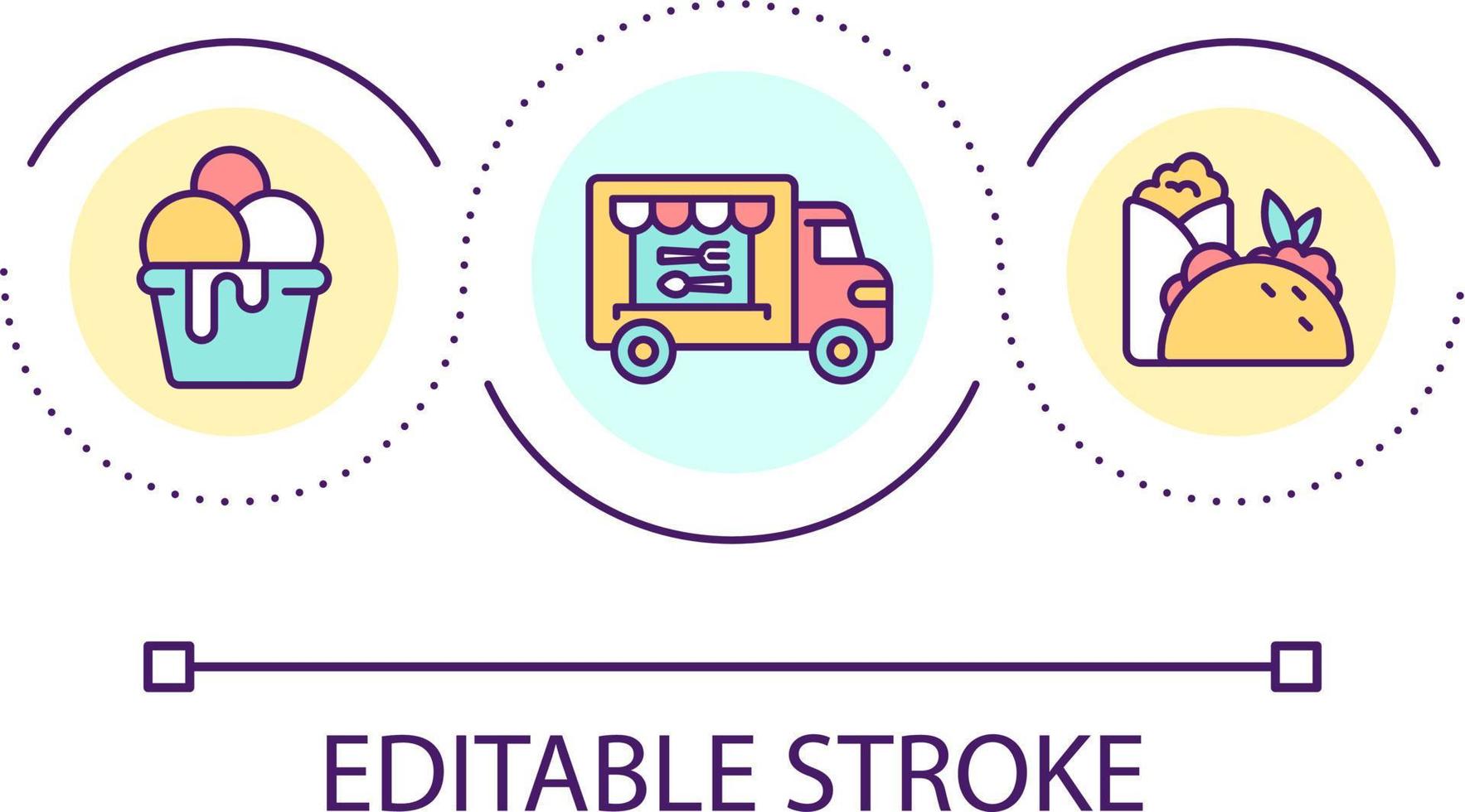 Gastronomie LKW Schleife Konzept Symbol. Fahrzeug zum Kochen und Verkauf Snacks abstrakt Idee dünn Linie Illustration. Essen Anhänger. Handy, Mobiltelefon Küche. isoliert Gliederung Zeichnung. editierbar Schlaganfall vektor