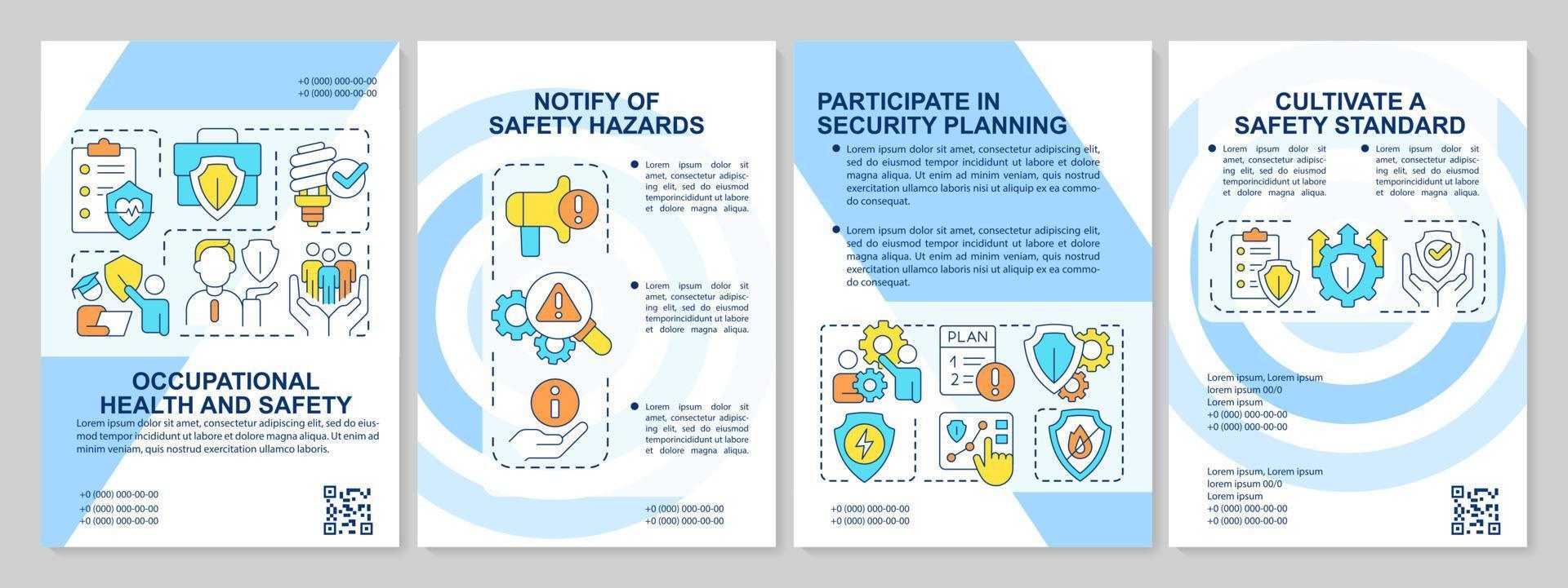 Arbeitsplatz Gesundheit und Sicherheit Blau Broschüre Vorlage. Arbeit Bedingungen. Flugblatt Design mit linear Symbole. editierbar 4 Vektor Layouts zum Präsentation, jährlich Berichte