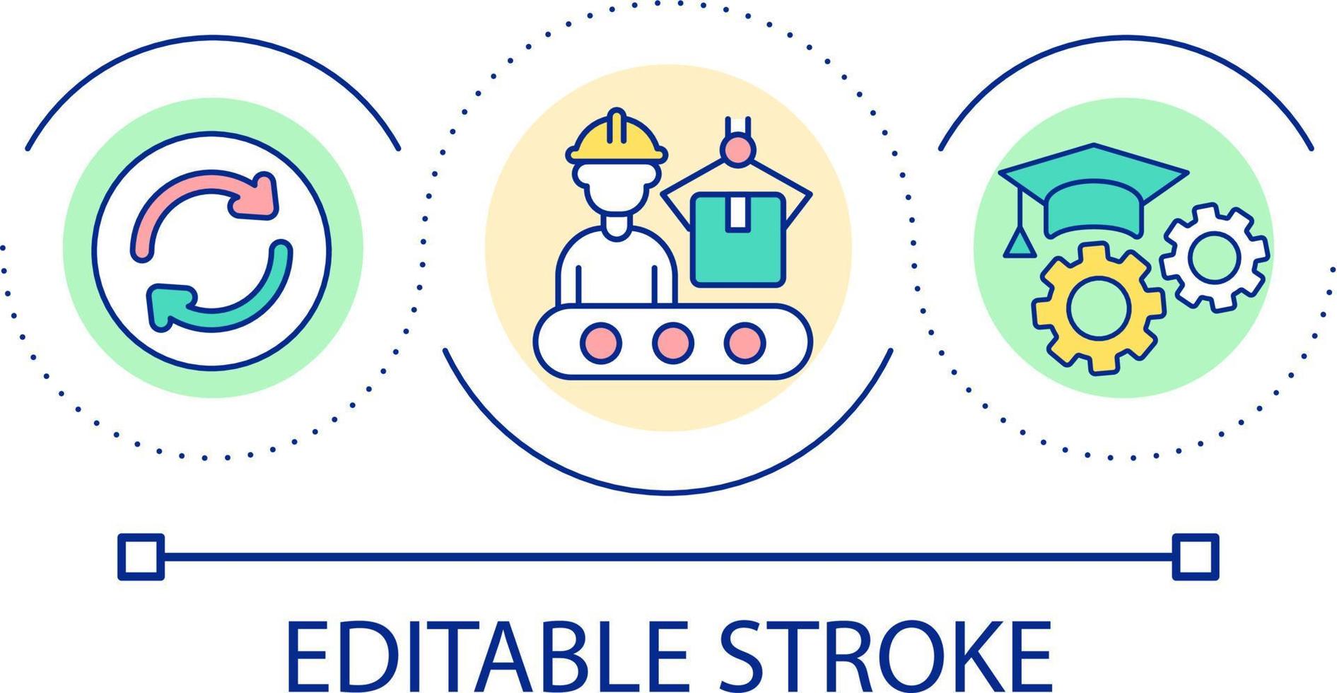 Unterstützung Angestellte Entwicklung Schleife Konzept Symbol. Arbeitskräfte Fortschritt. Fachmann Wachstum. Produktion fließen abstrakt Idee dünn Linie Illustration. isoliert Gliederung Zeichnung. editierbar Schlaganfall vektor