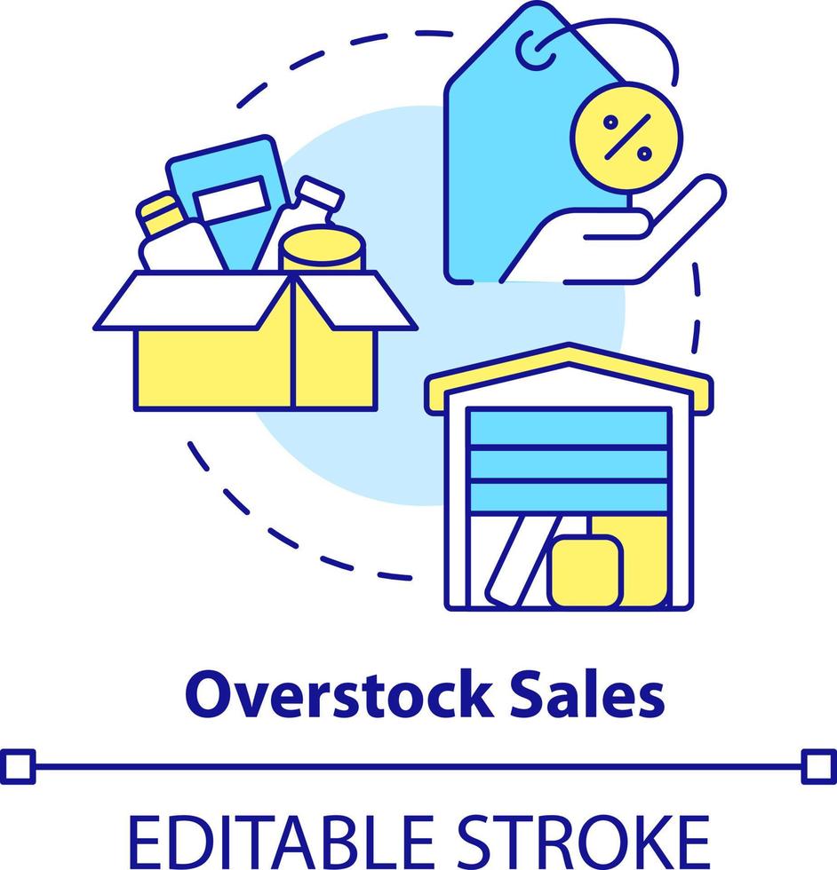 Überbestand Der Umsatz Konzept Symbol. Bewegung Inventar zum niedrig Preis. Rabatte Art abstrakt Idee dünn Linie Illustration. isoliert Gliederung Zeichnung. editierbar Schlaganfall vektor