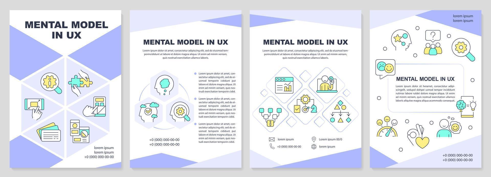 mental Modell- im ux Broschüre Vorlage. Forschung Methode. Flugblatt Design mit linear Symbole. editierbar 4 Vektor Layouts zum Präsentation, jährlich Berichte