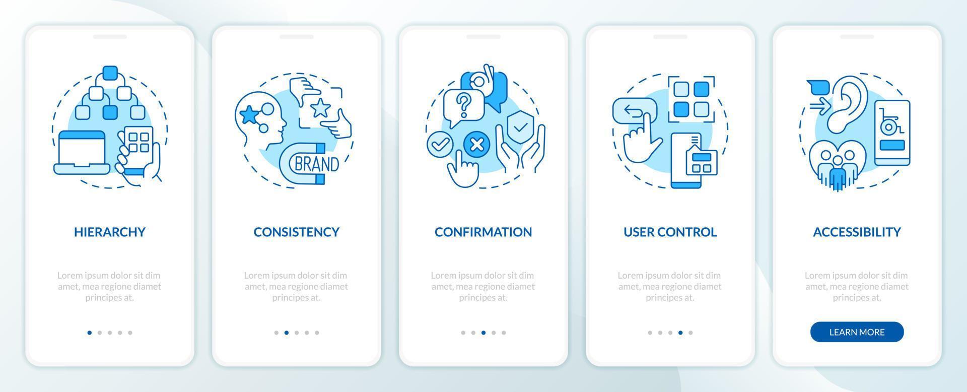 Benutzer Erfahrung Design Faktoren Blau Onboarding Handy, Mobiltelefon App Bildschirm. Komplettlösung 5 Schritte editierbar Grafik Anleitung mit linear Konzepte. ui, ux, gui Vorlage vektor