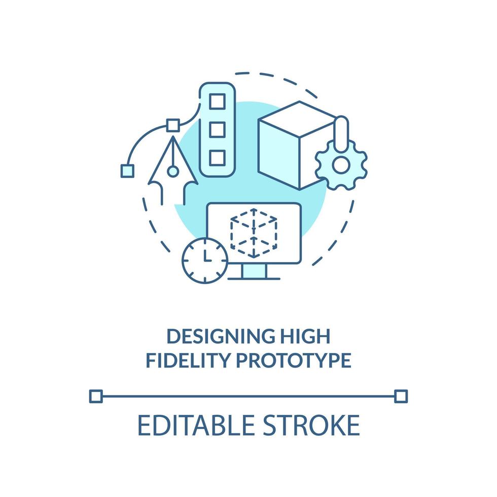 Entwerfen hoch Treue Prototyp Türkis Konzept Symbol. verbreitet ux Problem abstrakt Idee dünn Linie Illustration. isoliert Gliederung Zeichnung. editierbar Schlaganfall vektor