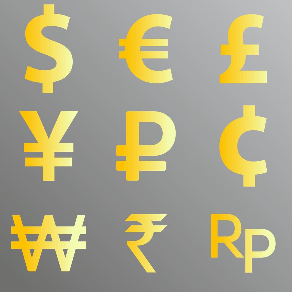Währung Symbol Vektor Sammlung. einstellen von weltweit Währung Vektor Design Element. golden Währungen Vektor Grafik Ressource. Dollar, Euro, Teich, Yen, Rubel, Cent, gewonnen, Rupie und Rupiah Symbol