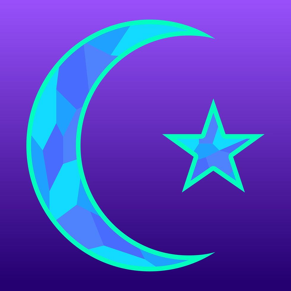 Symbol von ein Star und Halbmond mit abstrakt Mosaik Muster Blau Farbe und lila Hintergrund Element zum Ramadan Feier im Muslim Kultur und Islam Religion vektor