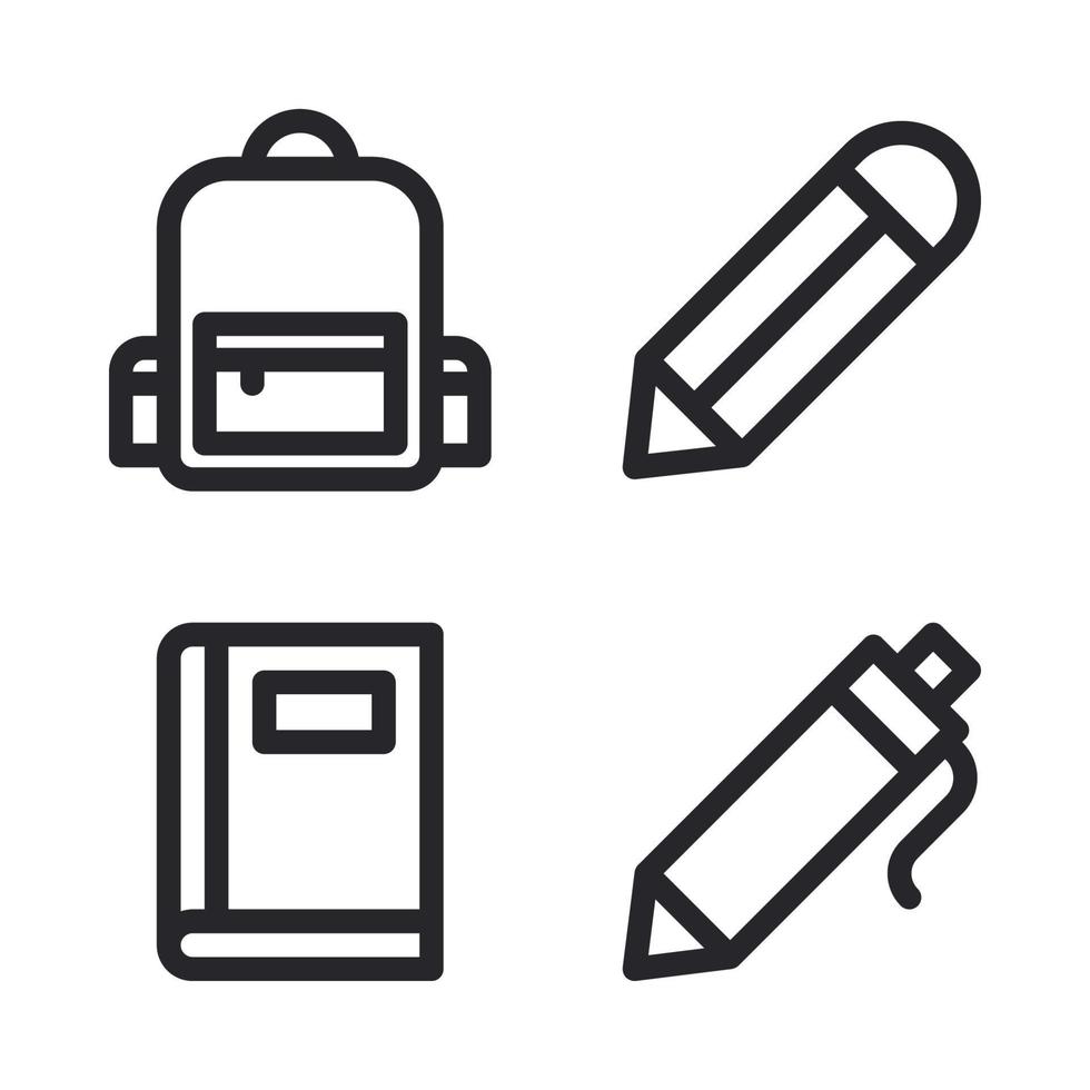 Bildung Symbole Satz. Rucksack, Bleistift, Buch, Stift. perfekt zum Webseite Handy, Mobiltelefon Anwendung, App Symbole, Präsentation, Illustration und irgendein andere Projekte vektor