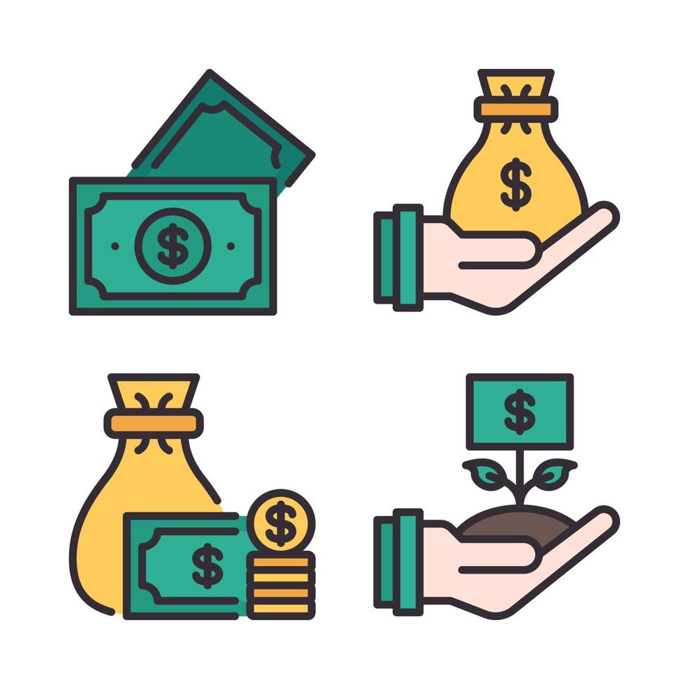 Währung Symbole Satz. Geld, Geld Tasche, Budget, Pflanze Geld. perfekt zum Webseite Handy, Mobiltelefon Anwendung, App Symbole, Präsentation, Illustration und irgendein andere Projekte vektor