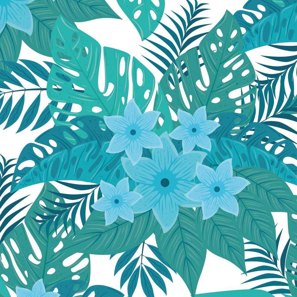tropischer Hintergrund mit blauen Blumen und grünen Blättern vektor