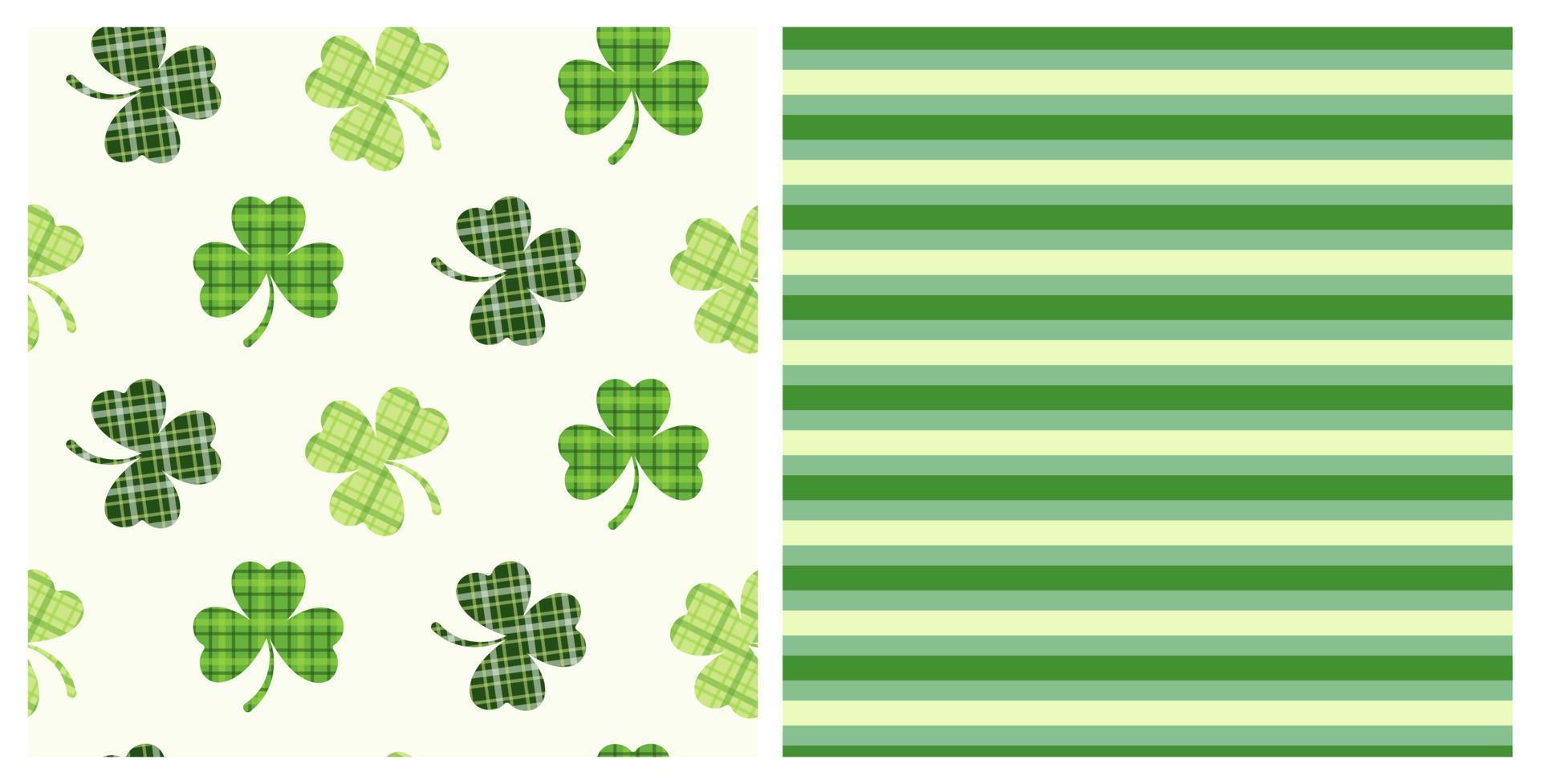 st. patricks dag uppsättning av två sömlös dekorativ mönster av irländsk tartan klöver löv och grön Ränder. hand dragen design för st. irländare dag firande, fest dekoration, scrapbooking, textil. vektor