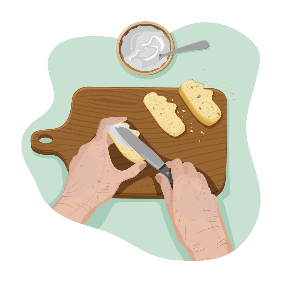 Hände von Senior Verbreitung Sahne Käse auf ein knusprig Scheibe von Brot mit Messer auf ein hölzern Schneiden Tafel mit Krümel von persönlich Punkt von Sicht. Prozess von Kochen. Vektor eben isoliert Konzept