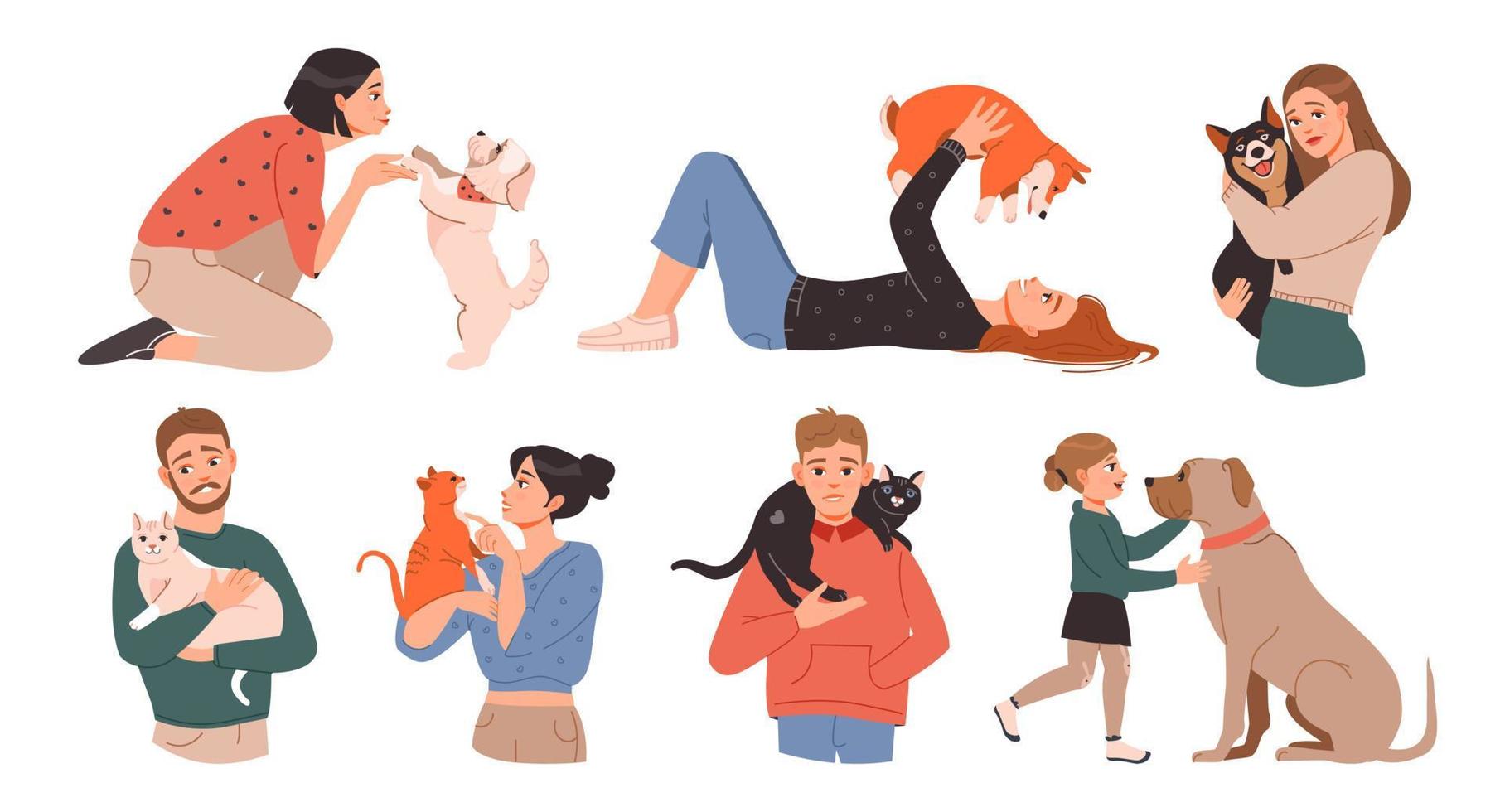 sällskapsdjur ägare. människor med deras söt sällskapsdjur. män och kvinnor med katter och hundar. tecknad serie vektor uppsättning.