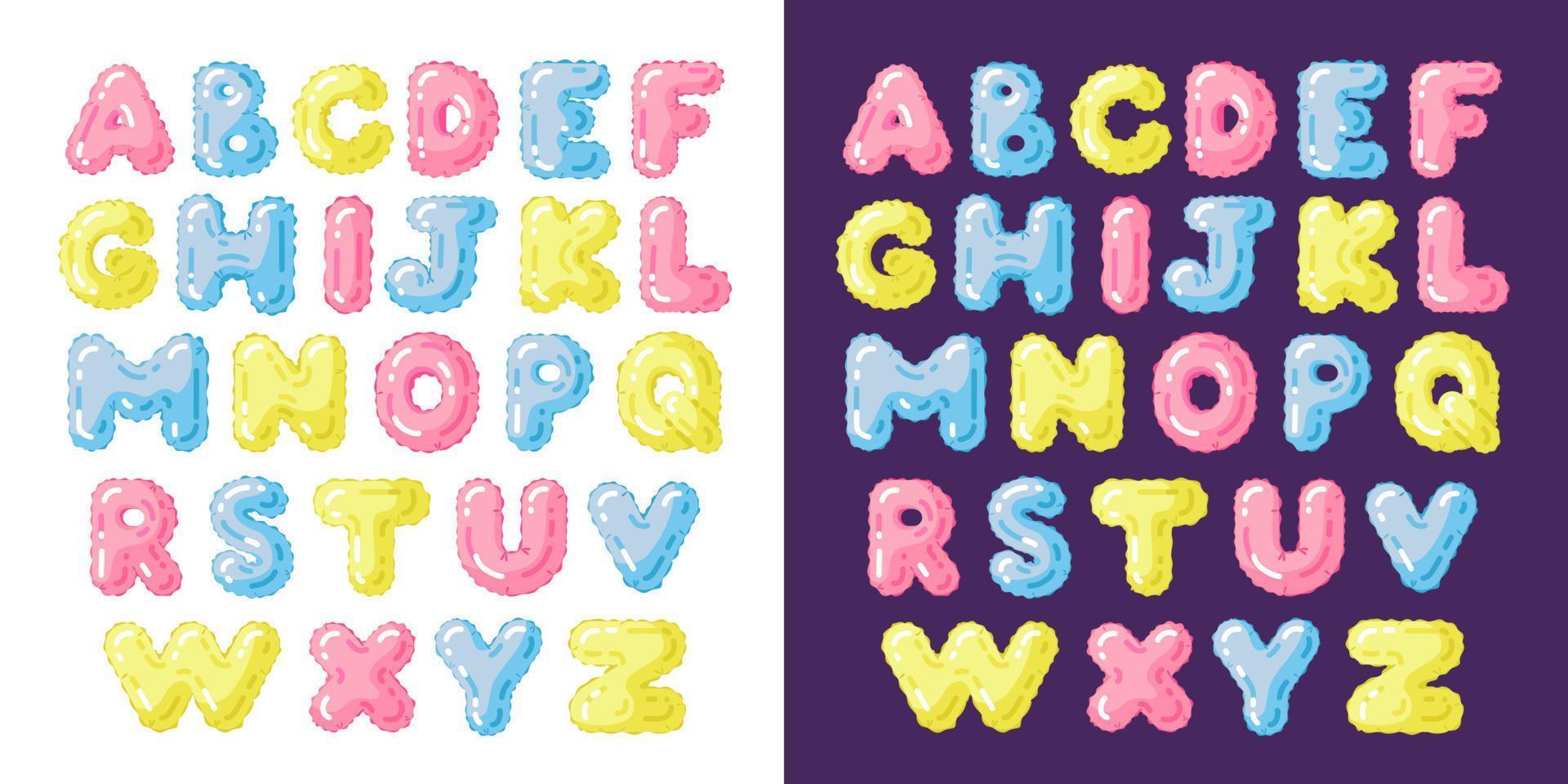 glansig uppsvälld font i de form av en ballong. barns alfabet. vektor illustration