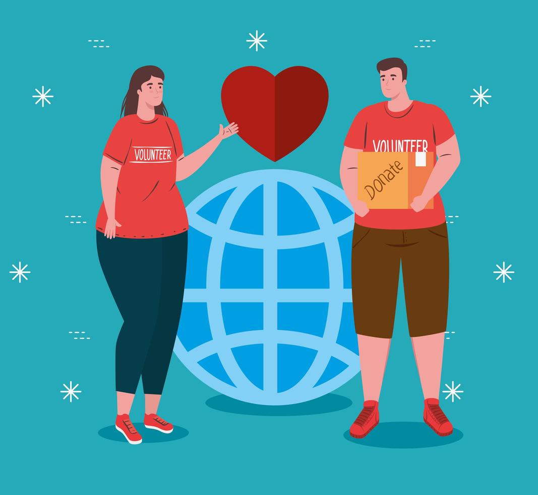 Freiwilligenpaar mit Globus- und Herz-, Wohltätigkeits- und Sozialspendenkonzept vektor