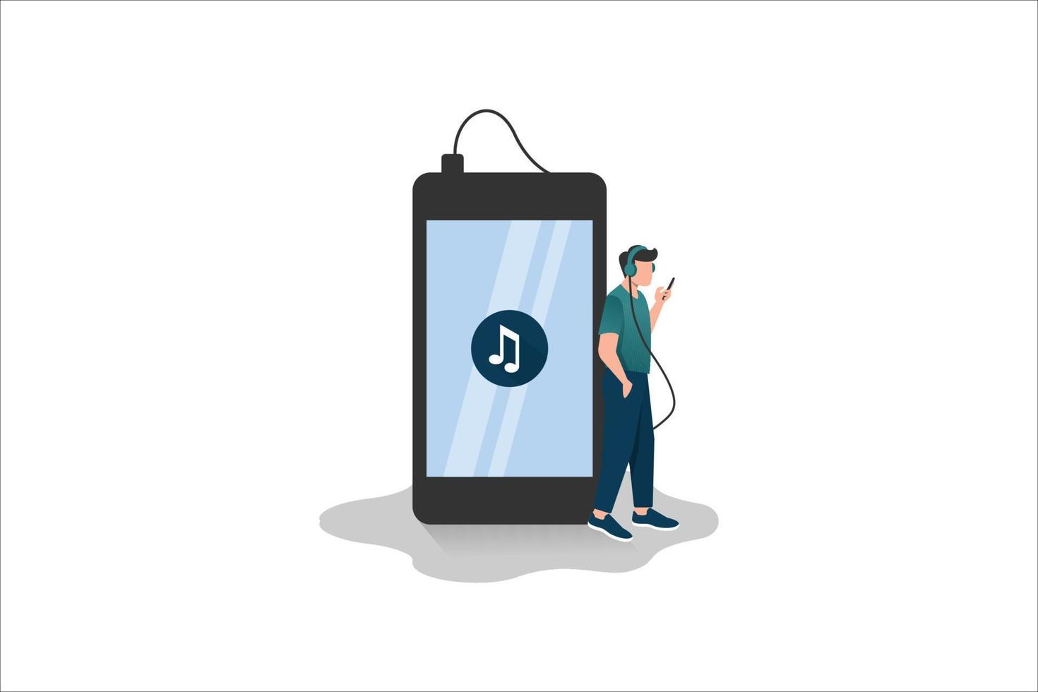 ung man i hörlurar mager på smartphone och lyssna musik från smartphone. vektor illustration. social media begrepp. isolerat