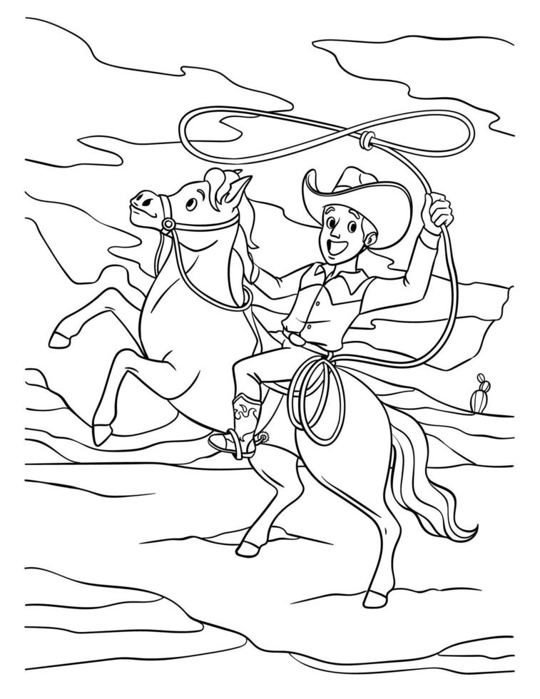 Cowboy werfen ein Lasso auf ein Pferd Färbung Seite vektor