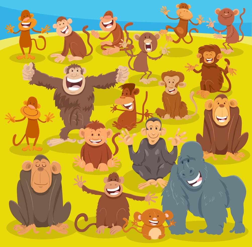glücklich Karikatur Affen und Affen Tier Zeichen Gruppe vektor