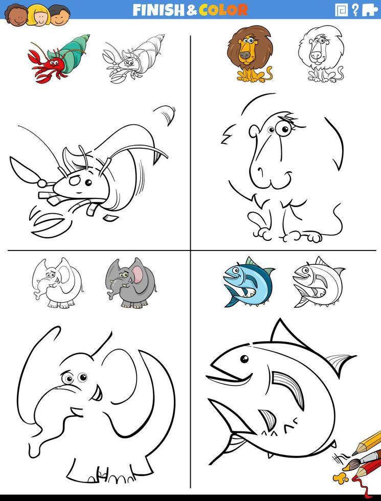 teckning och färg kalkylblad uppsättning med komisk djur vektor