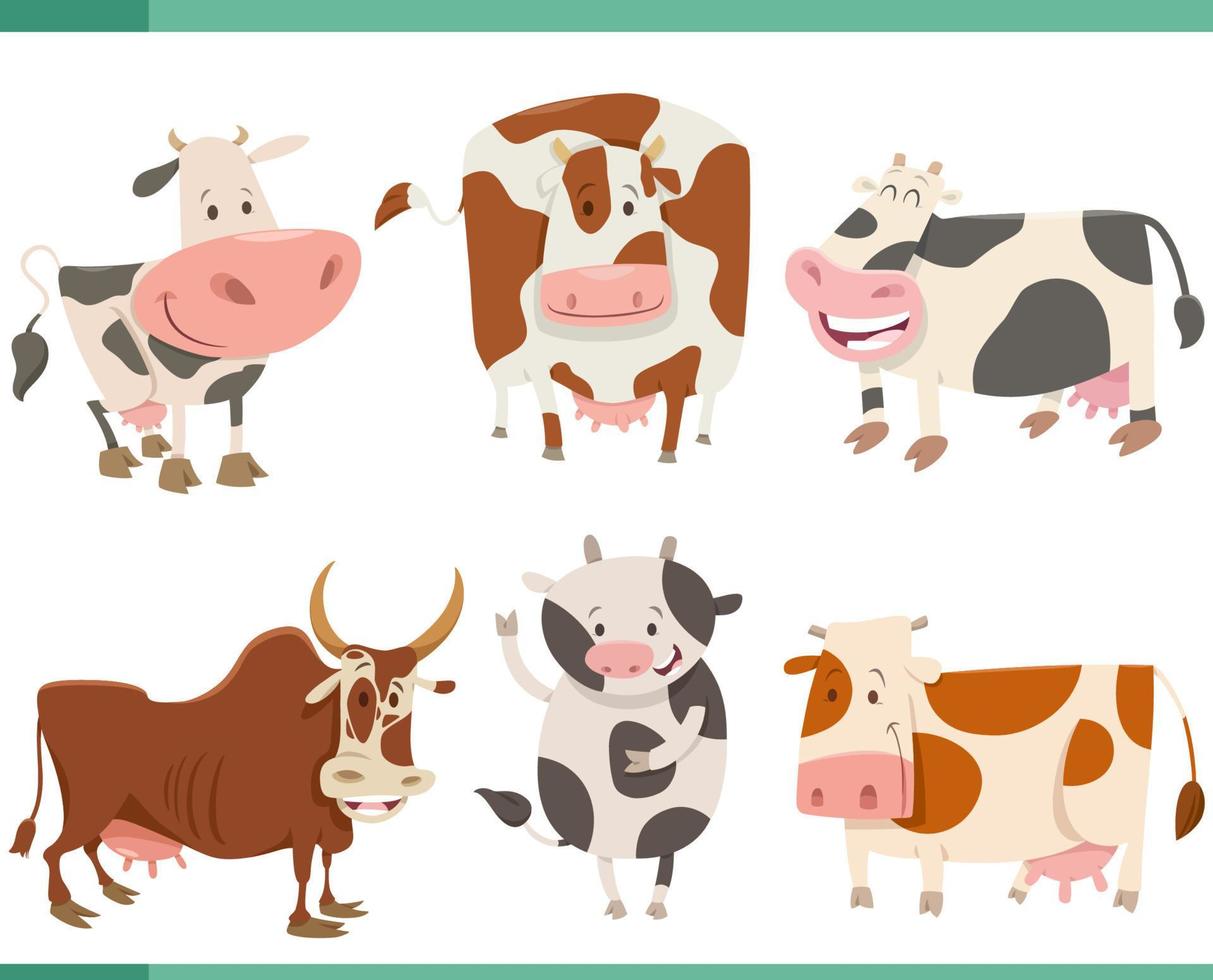 Karikatur glücklich Kühe Bauernhof Tier Zeichen einstellen vektor