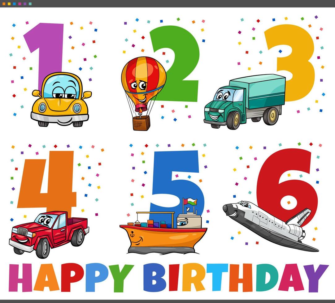 födelsedag hälsning kort uppsättning med tecknad serie fordon vektor