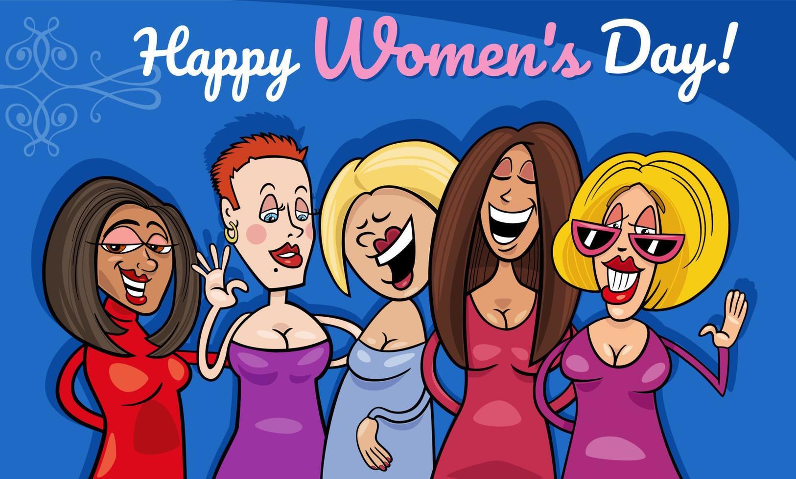 kvinnors dag design med komisk Lycklig kvinnor grupp vektor