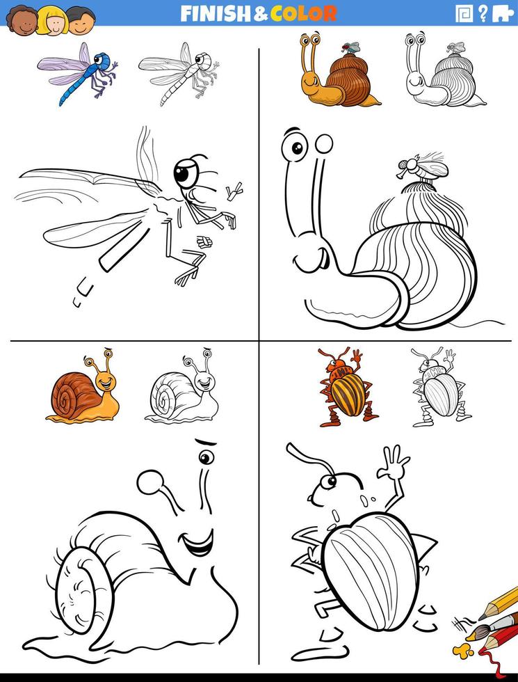 Zeichnung und Färbung Arbeitsblätter einstellen mit komisch Tiere vektor