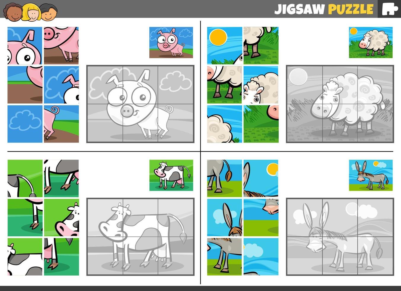 Puzzle Puzzle Spiel einstellen mit Bauernhof Tier Zeichen vektor